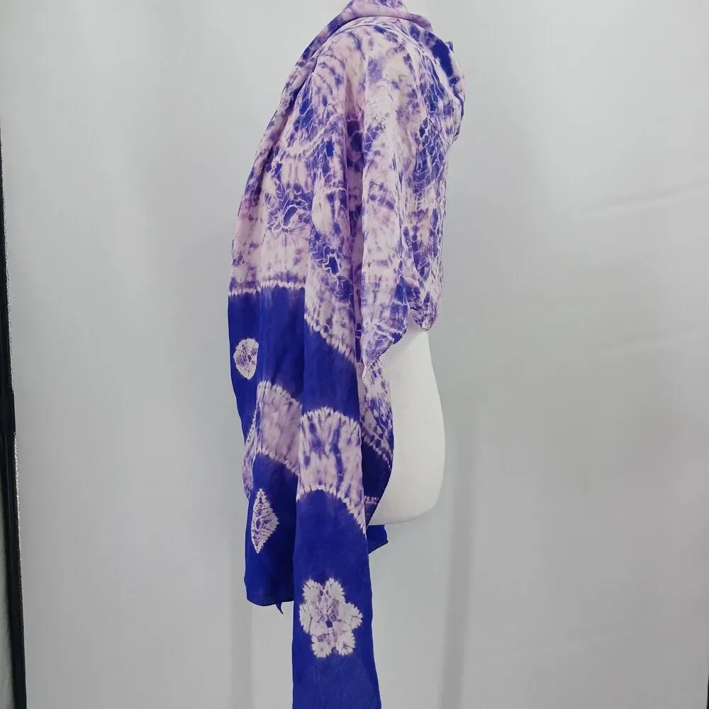 Hand Dyed Silk Scarf Blue White Tie Dye Batik Shawl Wrap Lightweight Boho purple